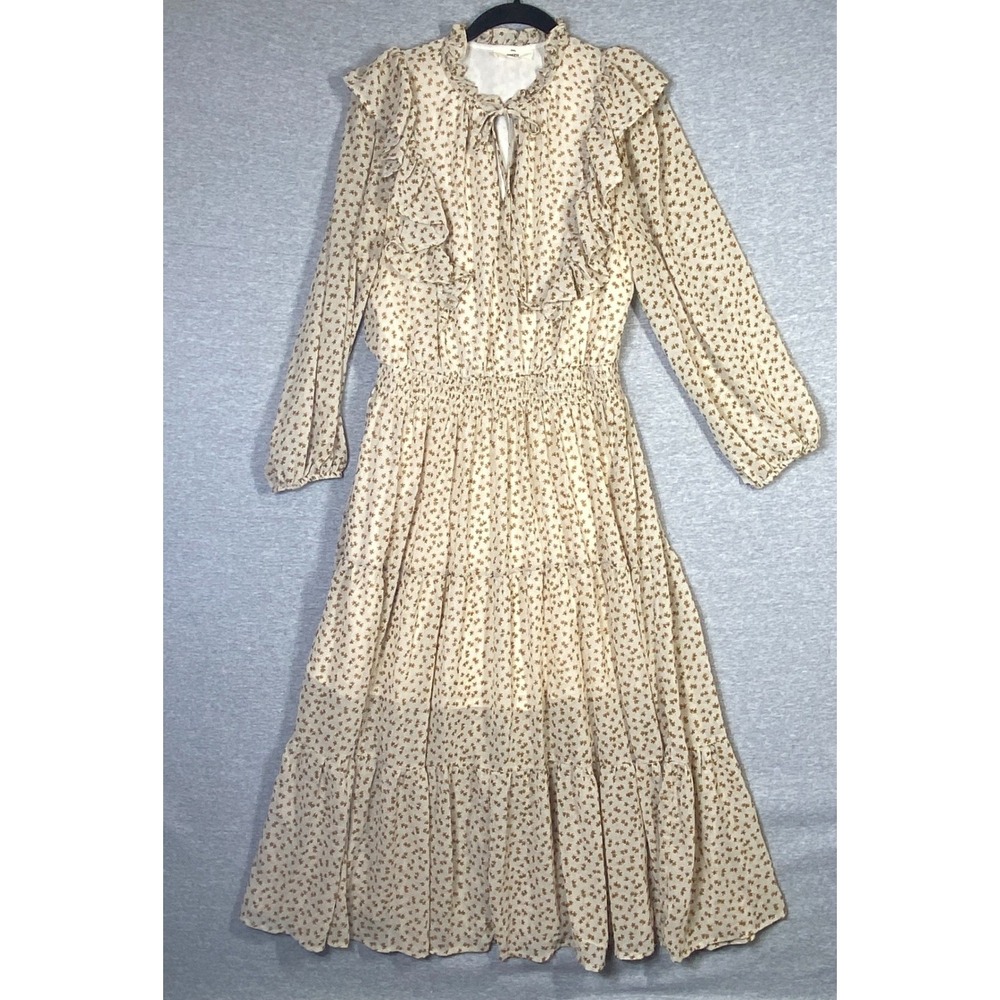 Entro Floral Ruffle Tiered Midi Dress Cream Mustard Yellow Smocked Waist Medium